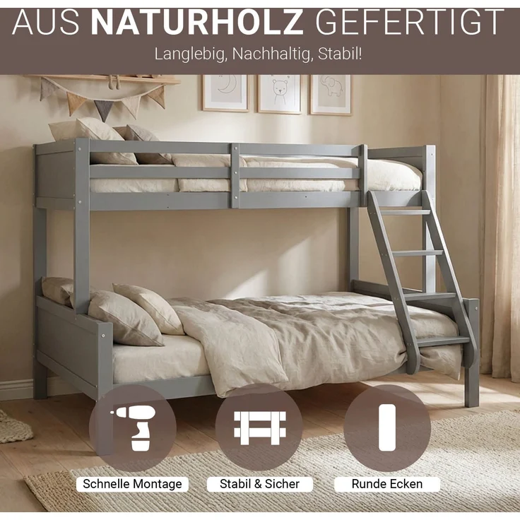 Etagenbett 90x200 und 140x200 Kinde Grau Holz Doppelstockbett Jugendbett Hochbett Stockbett – Bild 4