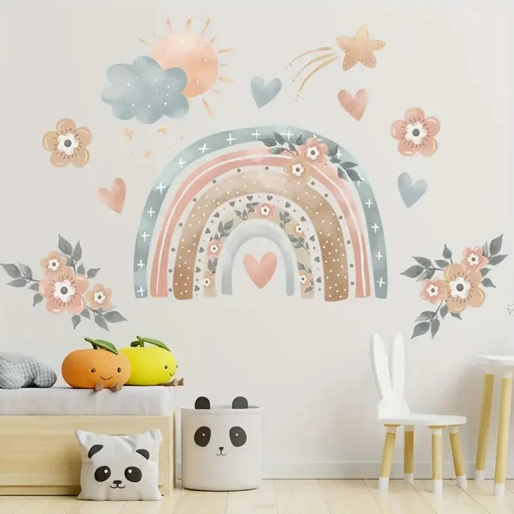 Montegoni Wandsticker Lebendige Regenbogen Herz und Blumen Wandtattoo, Abnehmbare PVC Aufkleber für Wohnzimmer und Sofahintergründe – Bild 3