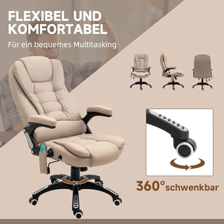Vinsetto Schreibtischstuhl mit Vibrationsmassage, Heiz-, Liegefunktion, ergonomisch (Massagesessel, 1 St), für Wohnbereich, Braun – Bild 9