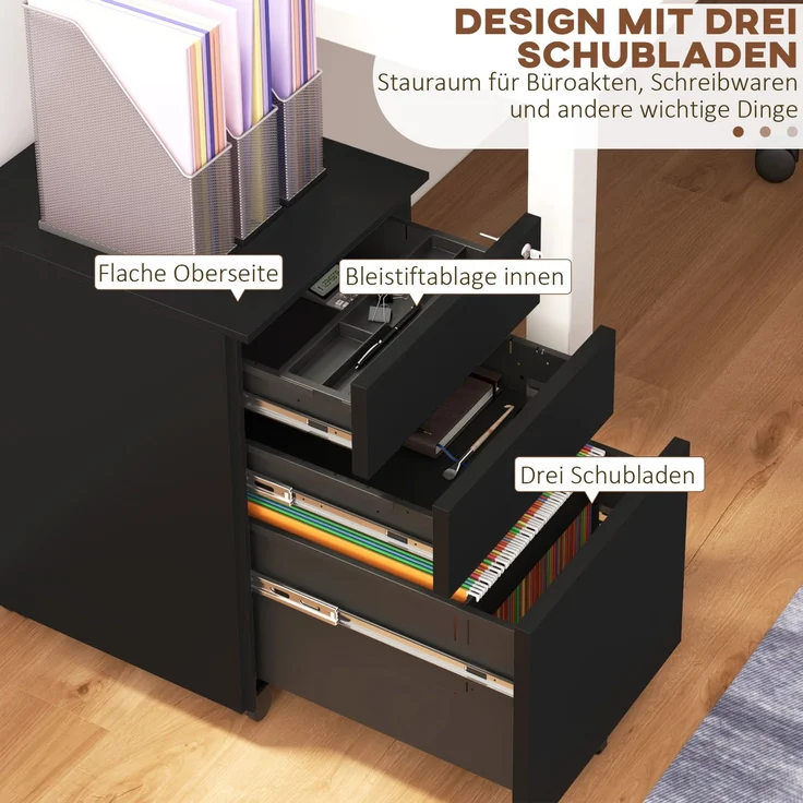Aktenschrank 37 x 43,5 x 60 cm aus Stahl – abschließbarer Rollcontainer mit 3 Schubladen – Bild 4