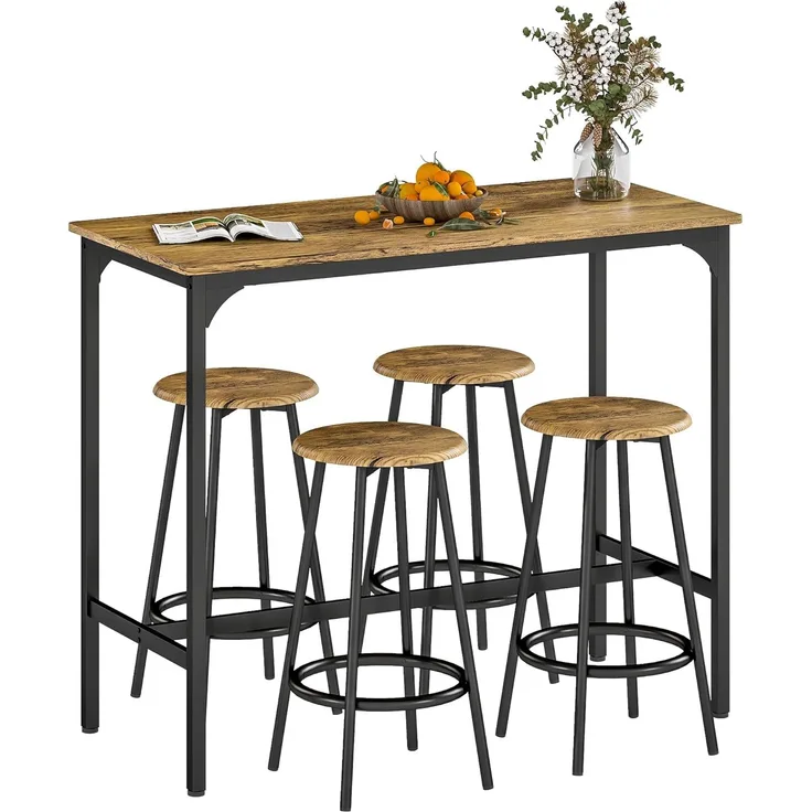 HOMCOM Bargruppe Bartisch mit Barhocker Set, (Essgruppe, 5-tlg, Bartisch-Set), Rustikal-Braun MDF Eisen