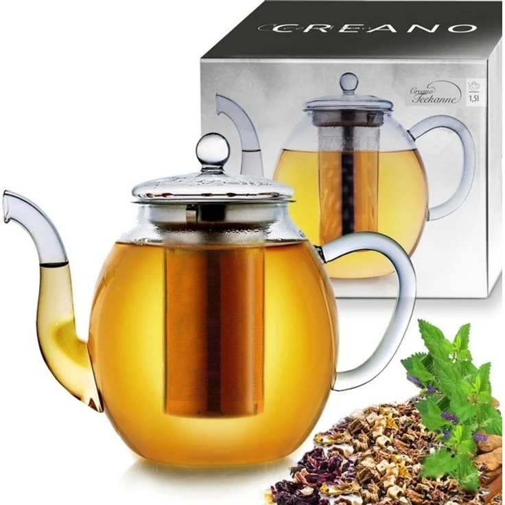 Creano Teekanne Creano Glas-Teekanne 1,5l, 3-teiliger Teebereiter mit integriertem, (1er-Set, 2-St), tropffrei – Bild 4