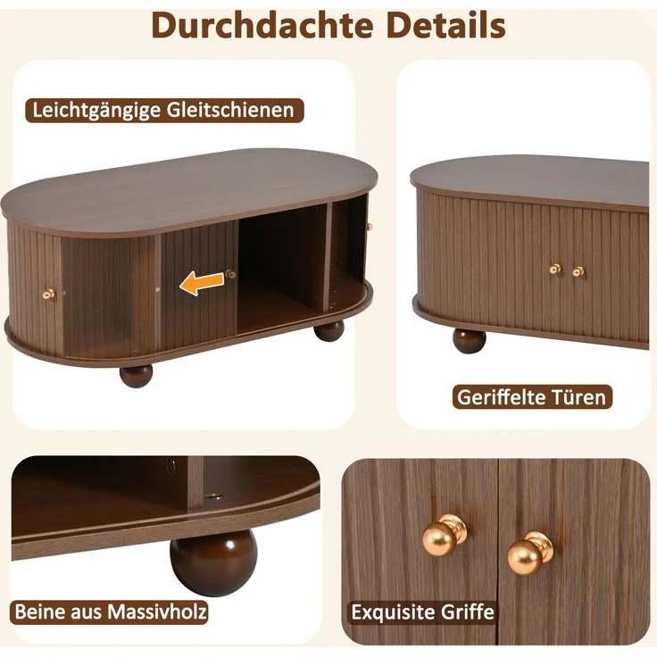 Ovaler Couchtisch aus MDF mit Stauraum und Schiebetür, 100x50x40 cm, Walnuss – Bild 8