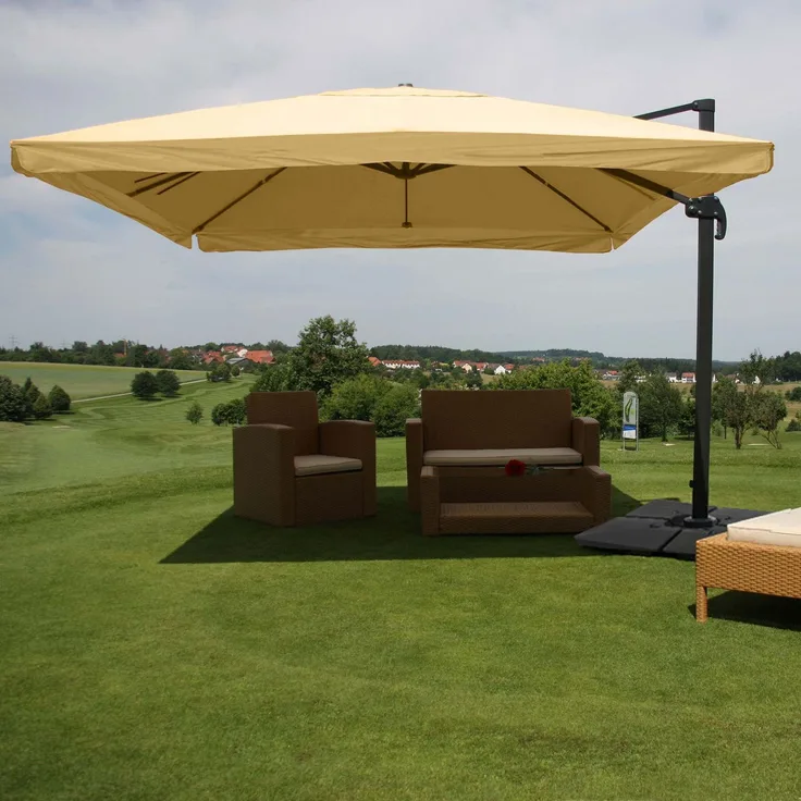 Gastronomie-Ampelschirm HWC-A96, 3,5x3,5m (Ø4,95m) Polyester/Alu 25kg ~ Flap, creme mit Ständer, drehbar