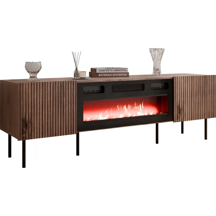 Mirjan24 'Trigev' TV-Lowboard mit 2 Drehtüren, elektrischer Kamin, nuss Warmia, 58 x 42 x 181 cm