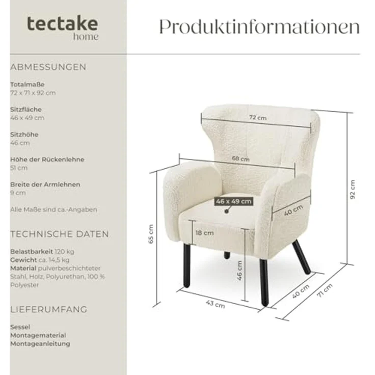 tectake Relaxsessel Polstersessel mit Bouclé-Bezug, Belastbarkeit 120 kg, 72 x 71 x 92 (Fernsehsessel Vänersborg, in Creme), breite Armlehnen, ergonomisch, Stahlbeine, höhenverstellbar – Bild 2