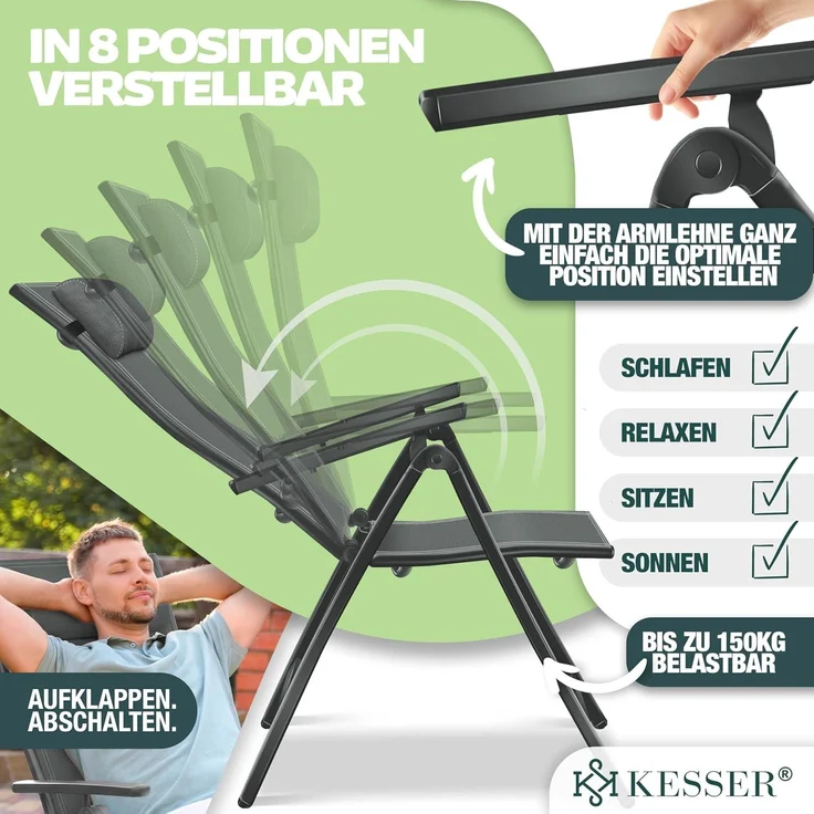KESSER® Gartenstuhl Hochlehner mit Armlehnen | Aluminium Klappstuhl inkl. Kopfkissen Campingstuhl 7-Fach Verstellbar Rückenlehne | Atmungsaktiv & Wetterfest | Klappbar & Anti-Rutsch Anthrazit, 2 Stück – Bild 5