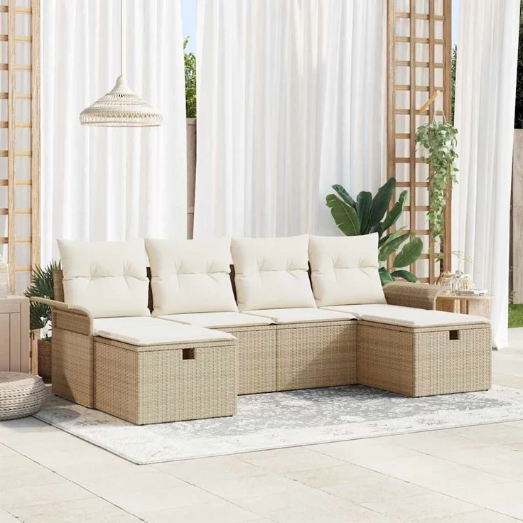 vidaXL Garten-Sofa-Set mit Kissen mit Speicher 6 pcs Beige Poly Rattan 3360252 – Bild 1