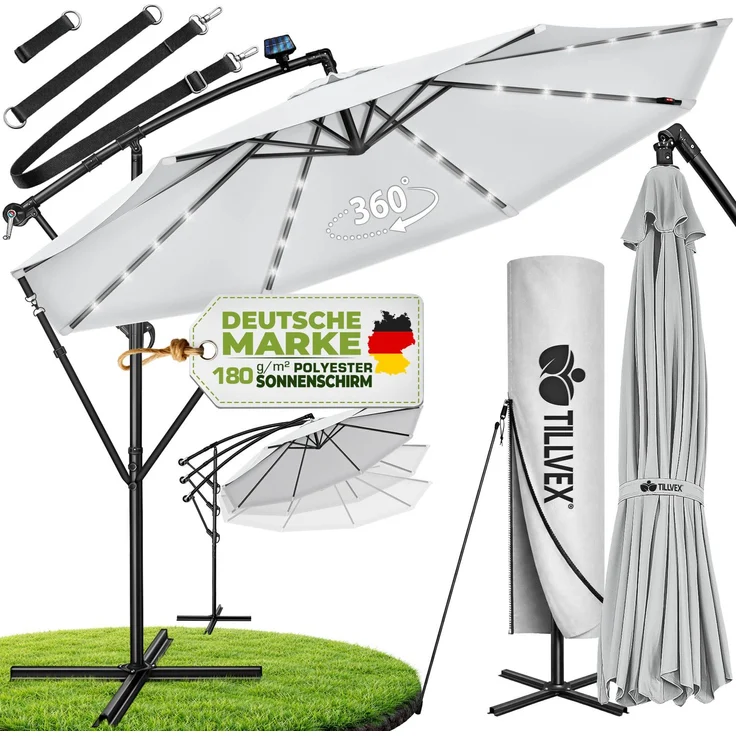tillvex Alu Ampelschirm Grau LED Solar Ø 300 cm mit Kurbel | Sonnenschirm mit An-/Ausschalter | Gartenschirm UV-Schutz Aluminium | Kurbelschirm mit Ständer Marktschirm wasserdicht – Bild 1