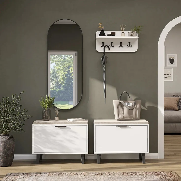 Roomart NORD Garderobenset 4-teilig – 2 Sitzbänke mit Schuhklappe, Wandgarderobe & ovaler Spiegel – Flurgarderobe – H 53 x B 73.6 x T 35 cm (Sitzbank) • Weiß – Bild 4