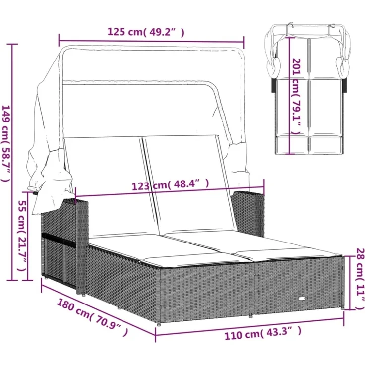 vidaXL Doppel-Sonnenliege mit Dach und Auflagen Schwarz Poly Rattan 365807 – Bild 2
