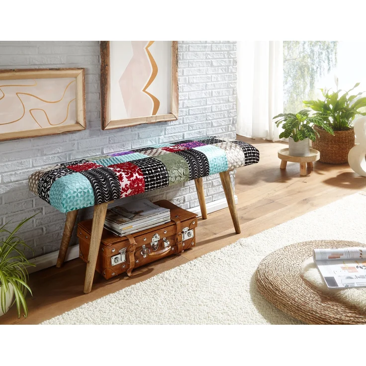 Sitzbank Patchwork Samt Massivholz 117x51x38cm Polsterbank Modern Flur Esszimmer – Bild 6