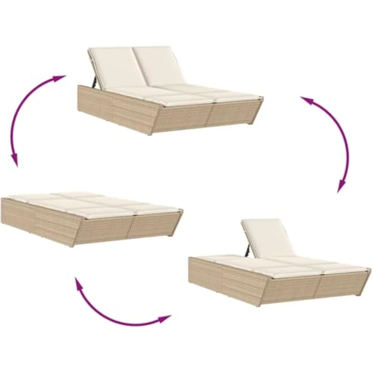 vidaXL Doppel-Sonnenliege, Beige Poly Rattan mit 4-fach verstellbarer Rückenlehne und bequemen Kissen – Bild 7