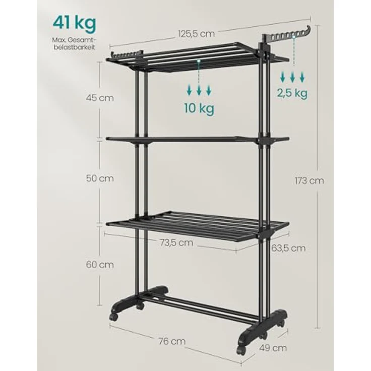 SONGMICS Wäscheständer, Standtrockner 4 Ebenen, Flügelwäscheständer, klappbare Flügel, mit Rollen, 63,5 x 125,5 x 173 cm, groß, einfacher Aufbau, tintenschwarz LLR703BZ02 – Bild 8