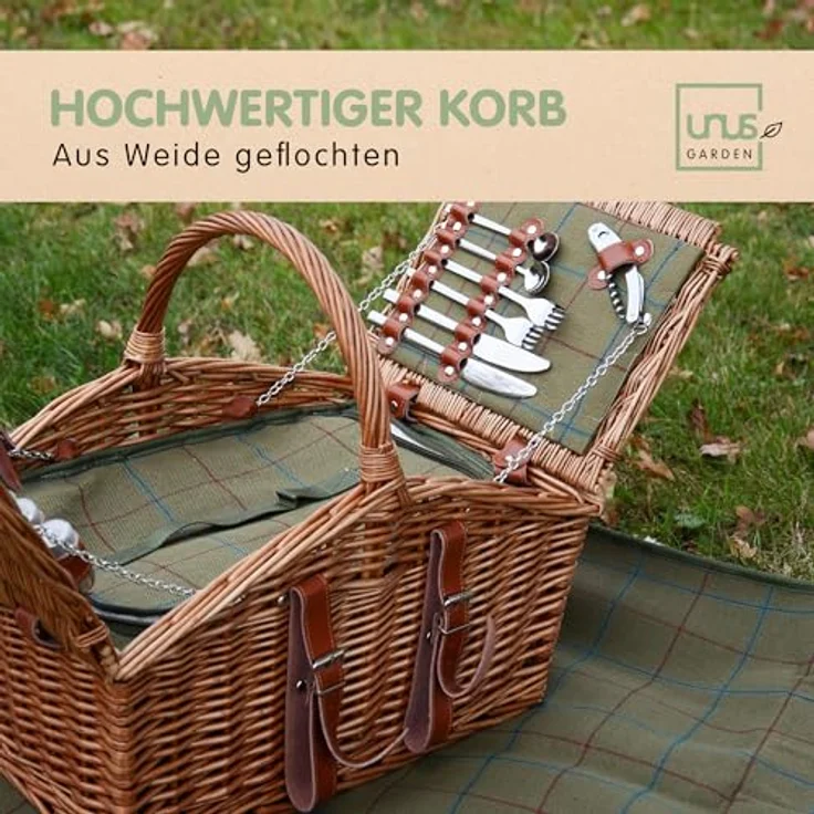 UNUS GARDEN Picknickkorb Weidenkorb für 2 Personen (Abmessung 28/40x32x48cm (HxBxL), inklusive Picknickdecke und inklusive Besteck, Geschirr, uvm. – Bild 7