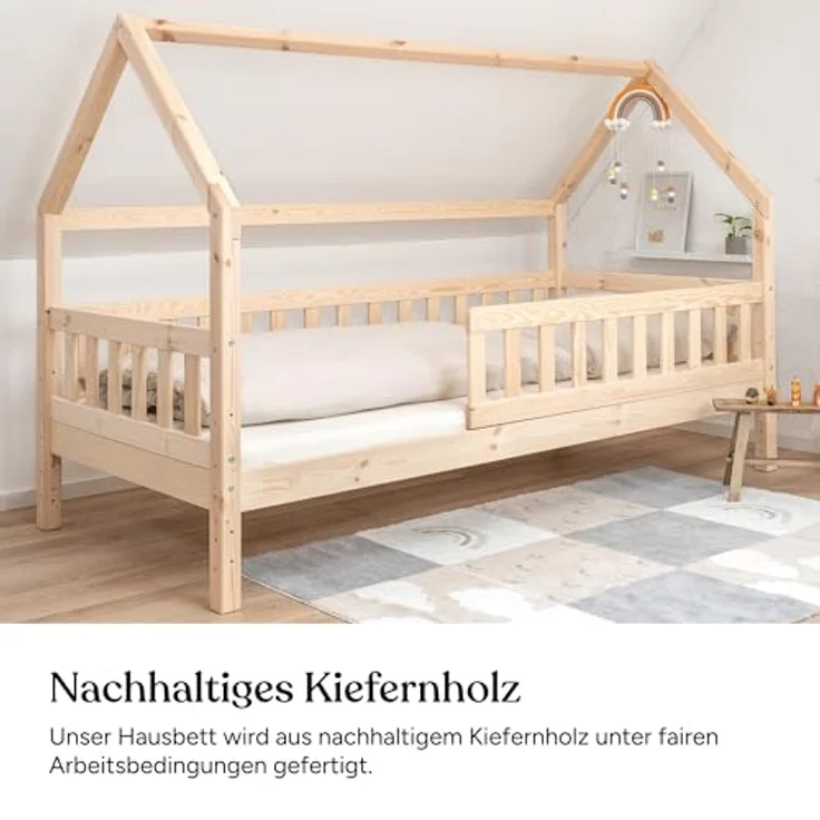 Ehrenkind Hausbett aus nachhaltigem Kiefernholz (mit abnehmbarem Rausfallschutz aus nachhaltigem Holz, Erhältlich in Natur und Weiß Kinderbett 80x160/90x200 cm), höhenverstellbar, nachhaltiges Kiefernholz, hergestellt in Europa – Bild 5