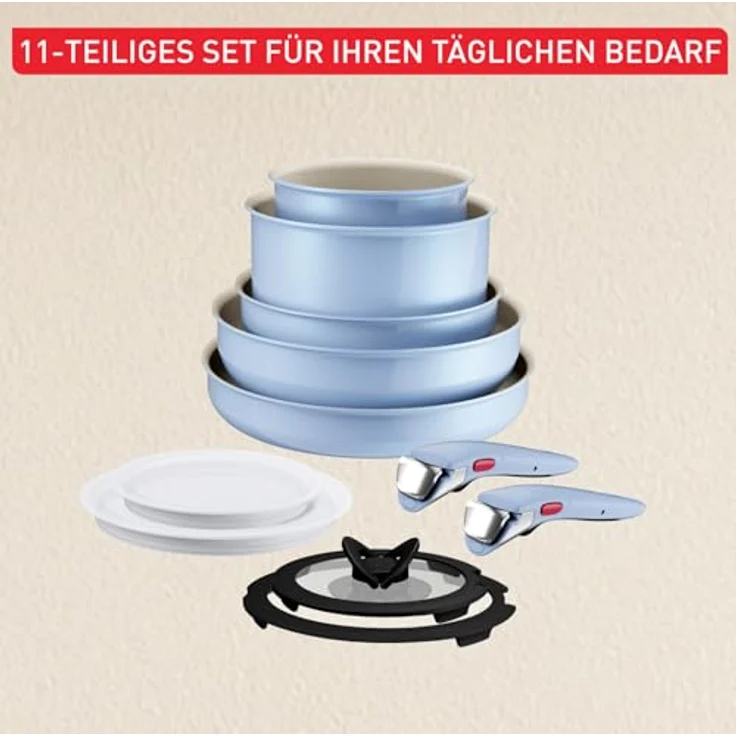 Tefal Ingenio Serenity Kochgeschirr-Set 11-teilig, Mineralia Antihaftversiegelung, platzsparend, stapelbar, für alle Herdarten, spülmaschinengeeignet, Calm Blue, L827SB04 – Bild 9