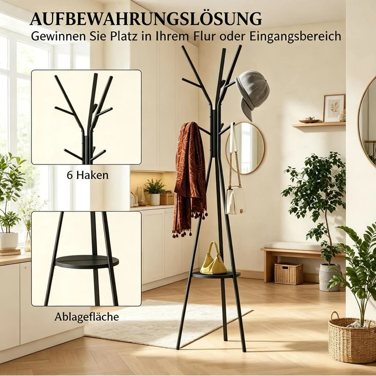 Garderobenständer 45 x 45 x 180 cm mit 9 Haken und Ablage – aus Metall und MDF, Schwarz – Bild 7