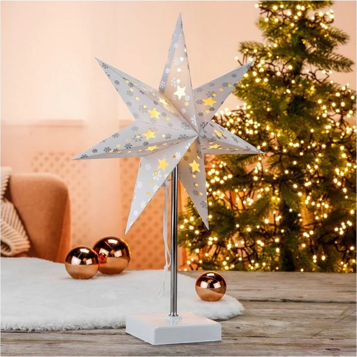 Haushalt International LED Tischleuchte Papierstern leuchtend mit silber Schneeflocken, warmweiß, mit 8 warm-weißen LEDs – Bild 1