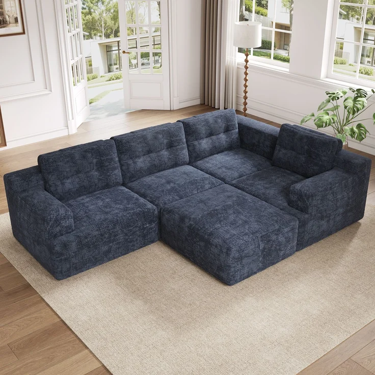 Ecksofa 252 x 180 x 82 cm in Blau, modulares Chenille-Sofa mit Hocker und rahmenloser Vollschaum-Polsterung – Bild 2