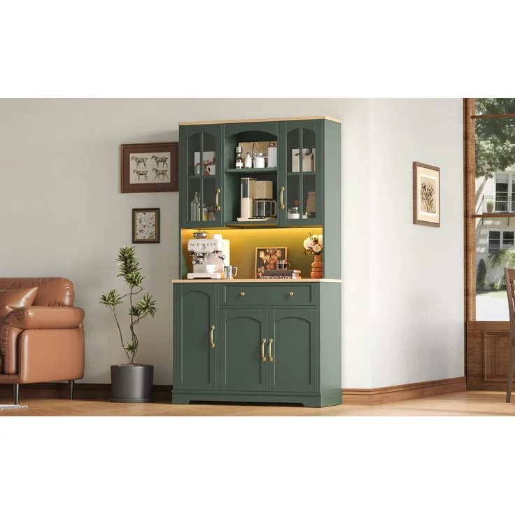 Küchenhochschrank 100 x 38 x 176 cm aus MDF in Graugrün mit Glastüren und LED-Beleuchtung