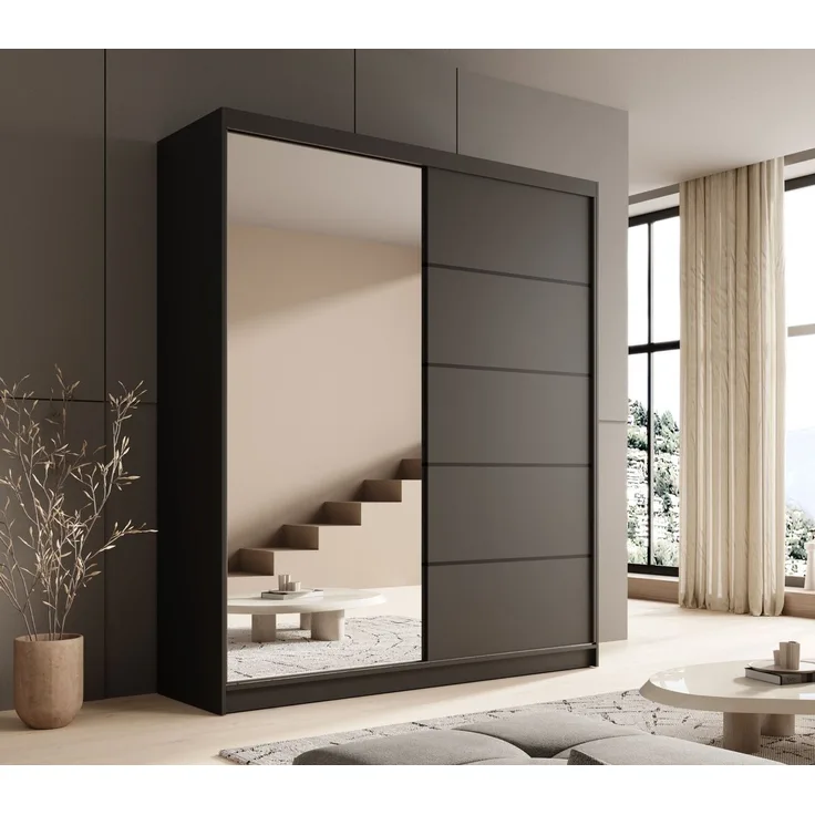 MOEBLO Schiebetürenschrank Nexo 180 (Moderner Kleiderschrank mit Spiegel für Schlafzimmer und Ankleidezimmer, 2 Schiebetüren, 6 Einlegeböden, stabile Kleiderstange, Kleiderschrank 2-türig Schrank Garderobe Schlafzimmer Drehtürenschrank mit Spiegel) (Bx...
