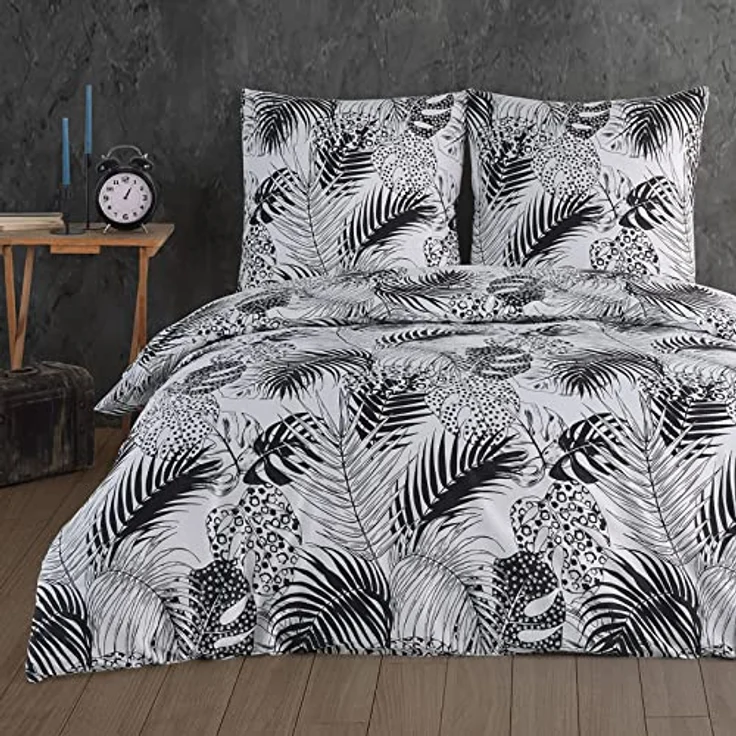 Buymax Bettwäsche Bettwäsche Bettbezug-Set Exotic, Renforce: 100% Baumwolle, 3 teilig, 200x220 cm, Reißverschluss Weiß Schwarz Palmenblätter Monstera Blätter – Bild 2