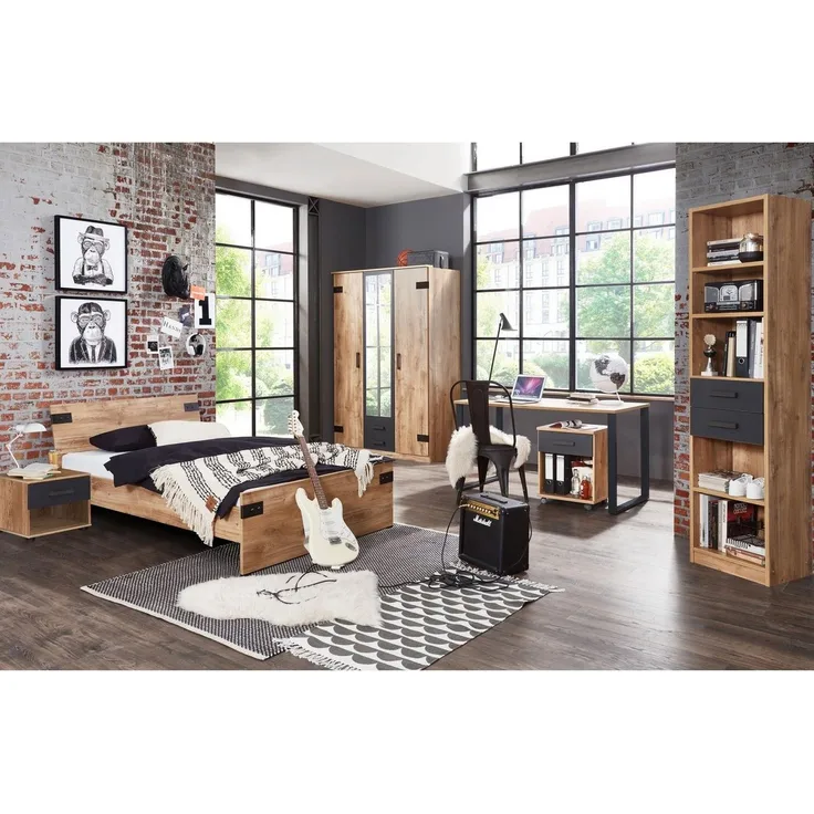 6-tlg. Jugendzimmer Liverpool in Plankeneiche Graphit 140x200