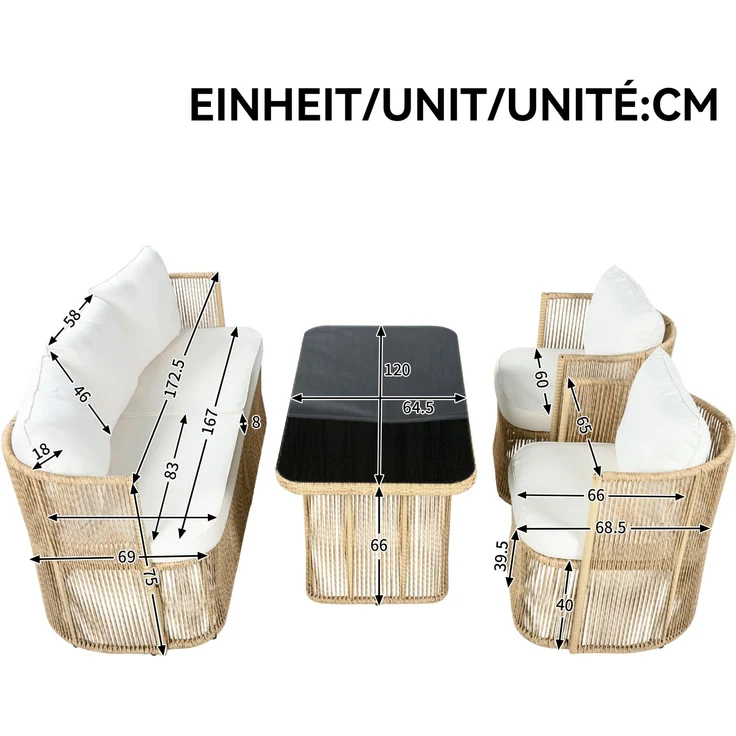 Merax 5-teiliges Gartenmöbel Set, PE Rattan Garten-Loungesessel-Set mit 3-Sitzer Sofa, 2 Sessel & Glastisch – mit Polyester Kissen, Stahlrahmen & gehärteter Glasplatte, Beige – Bild 4