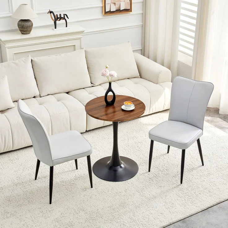Beistelltisch-Set Ø 60x72 cm mit 2 Stühlen – runder Tisch aus MDF und Metall, PU in Hellgrau/Schwarz/Walnuss – Bild 2