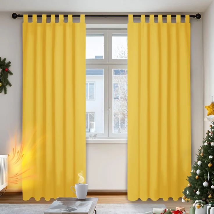 Deconovo Blickdichte Gardinen Lärmschutzvorhang Schlaufen Thermo Vorhang Winter, 220x140 cm(HöhexBreite), Senfgelb, 2er Set
