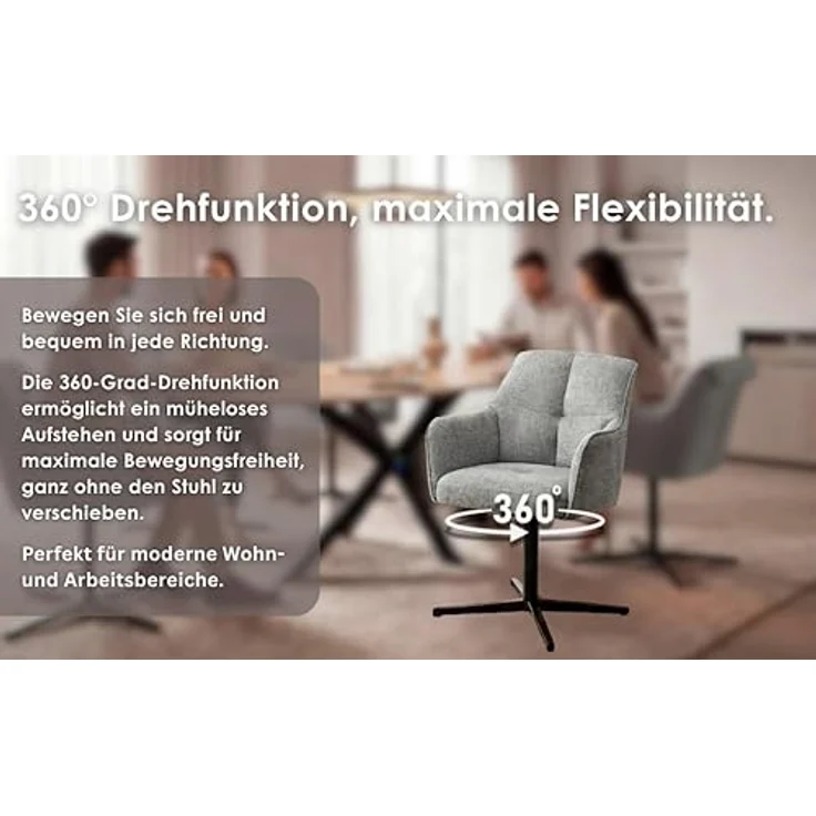 byLIVING 2er Set Esszimmerstuhl Mexico, Polsterstuhl mit Armlehne, 360 Grad drehbar, Taschenfederkern-Polsterung, Stativfuß Metall Schwarz, Strukturstoff Grau, Maße: B 65, H 87, 67 cm – Bild 5