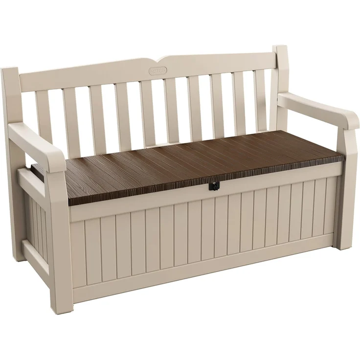 Keter Sitzbank Eden für Balkon und Garten, Gartenbank mit integrierter Kissenbox mit 265 l Stauraum, 140 x 60 x 84 cm, wetterfest, pflegeleicht, beige, Outdoor, Holzoptik