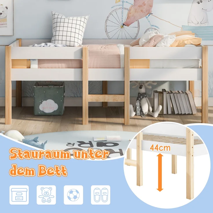 Bett Kinderbett mit Rausfallschutz, Kiefer-Vollholz-90x200 cm-Weiß & Eiche – Bild 4