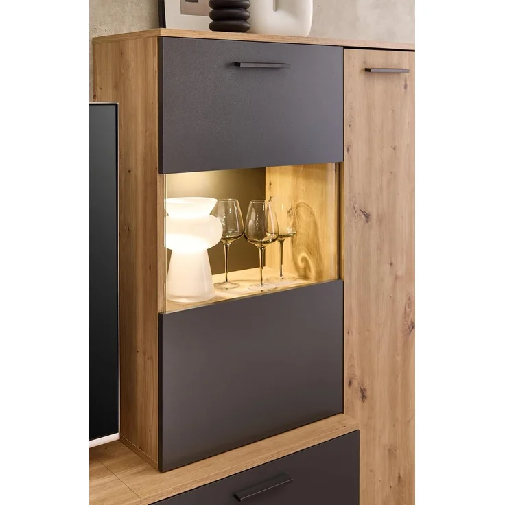 moebel-dich-auf Wohnwand ANCONA, (Artisan Eiche Nb. / anthrazit, Wandboard in Lamellenoptik + Lowboard + Vitrine), inkl. LED-Beleuchtung – Bild 5