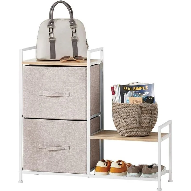 Regalsystem Schrank Holzablage mit 2 Stoffschubladen mDesign Metallrahmen beige – Bild 5