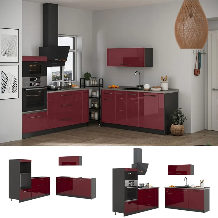 Küchenzeile Fame-Line Bordeaux Hochglanz/Anthrazit 340 cm ohne Arbeitsplatte Vicco – Bild 4