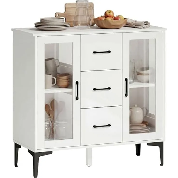 HOMCOM Sideboard mit 3 Schubladen, 2 Glastüren, verstellbaren Regalen (Modern Schubladenschrank, 1 St, Kommode), mit Soft-Close-Scharnieren, für Wohnzimmer Esszimmer Flur, Weiß