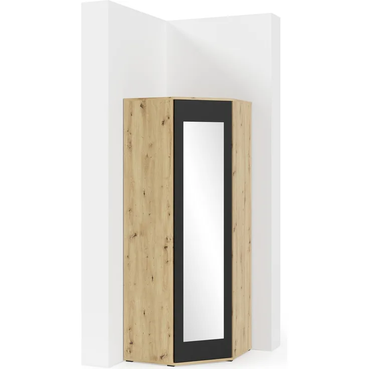 Eckschrank Modulo, Kleiderschrank mit Spiegel, Eiche Artisan/Schwarz Matt, 185 x 70 x 70 cm