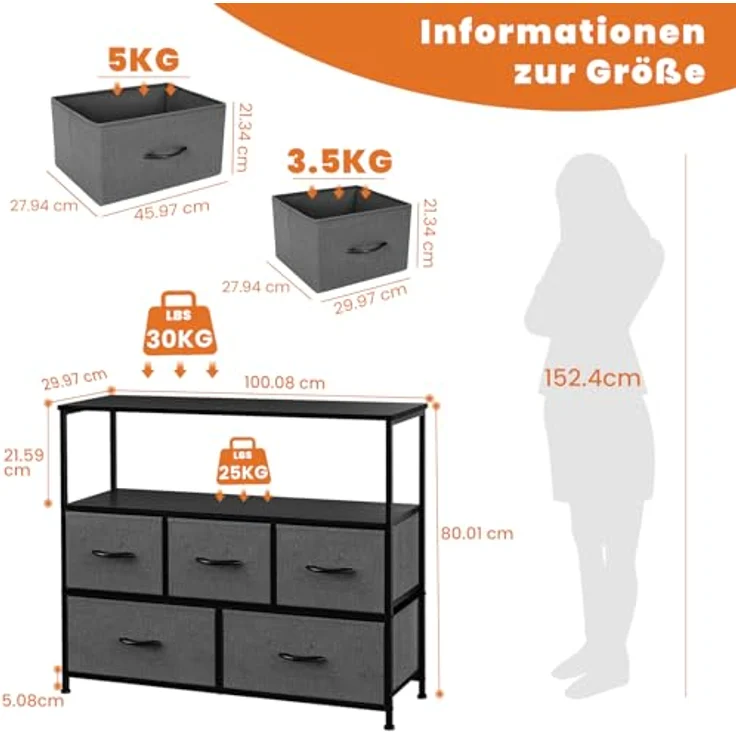 Sweetcrispy Kommode,TV Schrank Stand für Schlafzimmer mit 5 Stoffschubladen,Sideboard Wohnzimmer für 115cm TV,Einstellbare Füße Schubladenschrank,Grau – Bild 2
