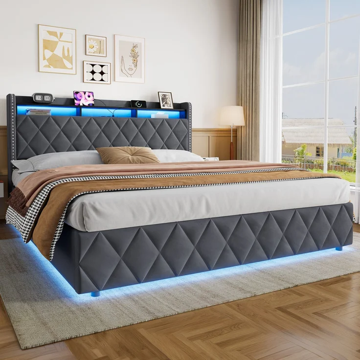 Polsterbett 180x200 cm mit hydraulischem Stauraum, LED und USB-Anschlüssen, Dunkelgrau – Ohne Matratze – Bild 2