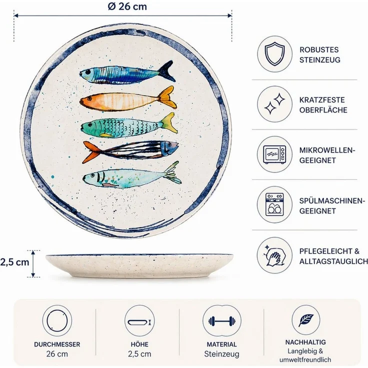 WestCraft Speiseteller Teller, mediterran mit Sardinen-Motiv, Maritime Speiseteller 26 cm, (4 St), 4er Set, hochwertig und robust - langlebig und vielseitig einsetzbar – Bild 3