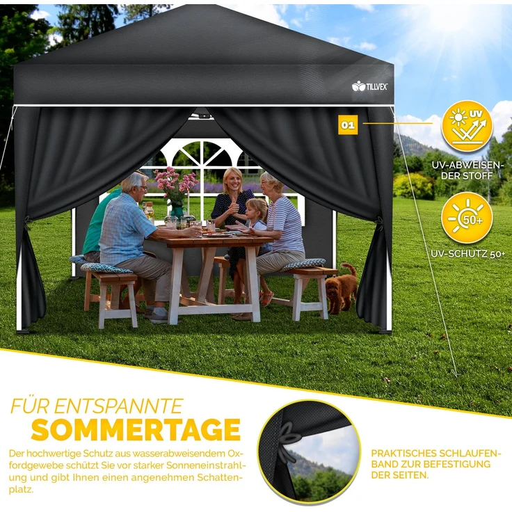 tillvex® 4X Seitenwand beige für Pavillon 3x3m & 3x6m | Faltpavillon Seitenteile wasserabweisend | Seitenfenster & Reißverschluss | Seitenwände für Gartenzelt Partyzelt – Bild 3