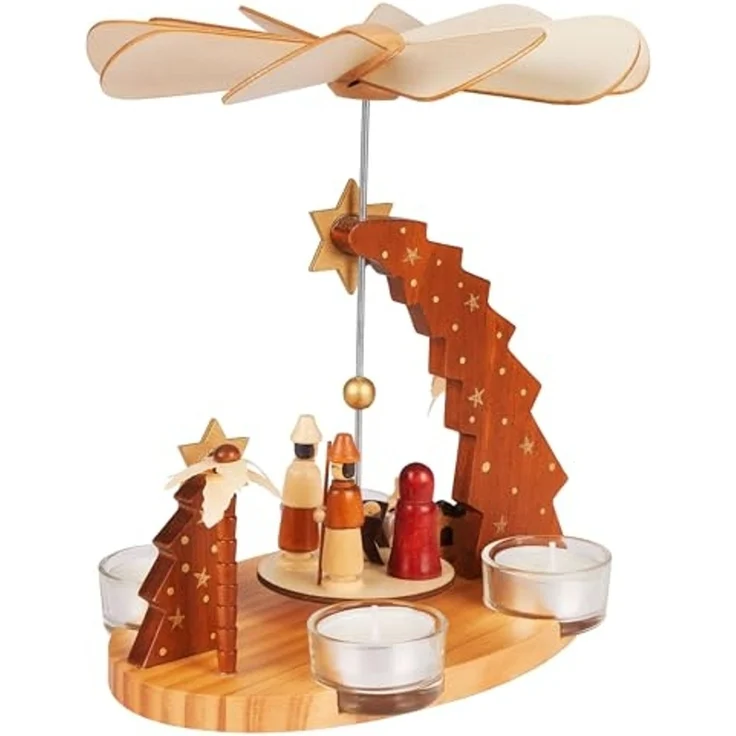 BRUBAKER Weihnachtspyramide Teelichtpyramide aus Holz - Stern von Betlehem, Jesus, Maria und Josef, 22 cm drehbare Tischpyramide für 4 Pyramiden-Teelichter - Weihnachten – Bild 2