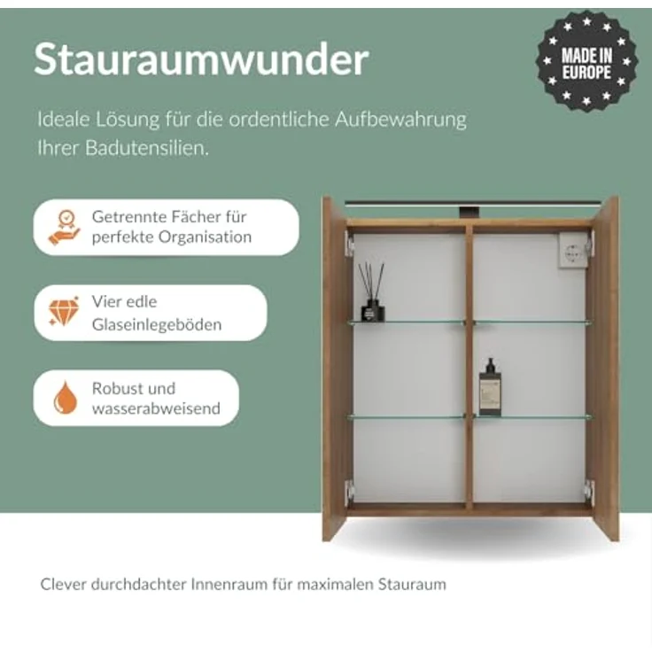 Planetmöbel ARIA Spiegelschrank Bad mit Beleuchtung 60 cm breit | Badschrank hängend mit Spiegel | Gold Eiche, mit Leuchte und Steckdose, Spiegelschrank Gäste WC 60 x 70 x 16 cm – Bild 5