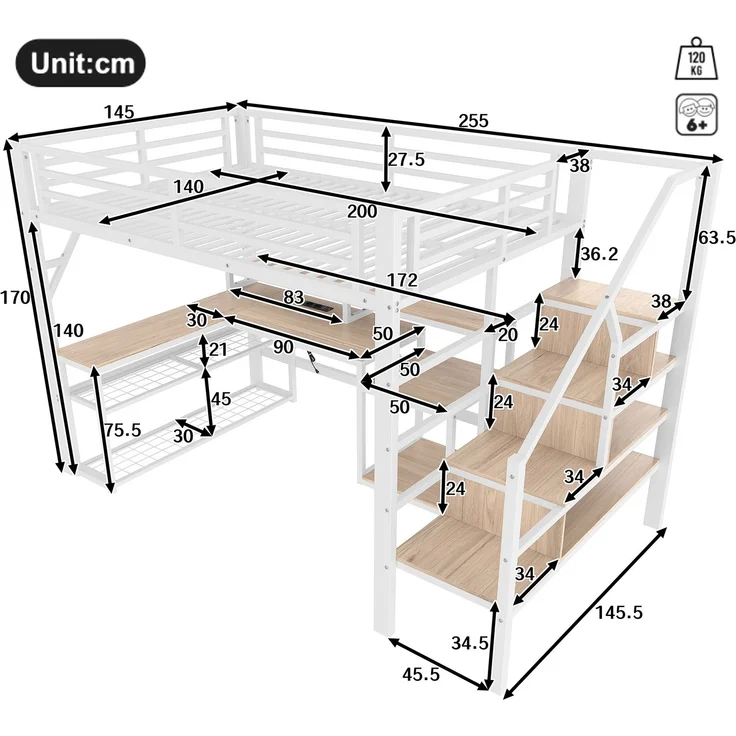 U-life Hochbett 140x200 cm, Eisenrahmen, Ablagefach, Treppenkonstruktionen, Sicherheitsgeländer, Metall, Weiß – Bild 8