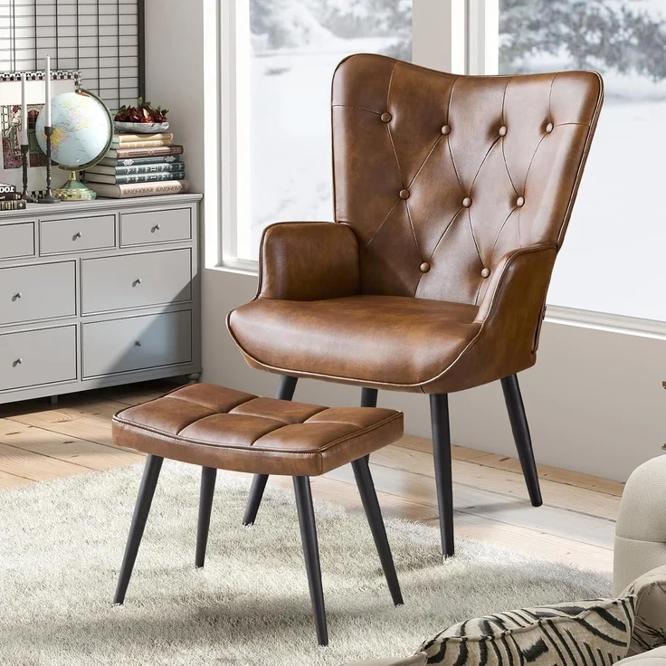 Sessel Ohrensessel Hocker PU Kunstleder Fußstütze mit Hocker Braun – Bild 8