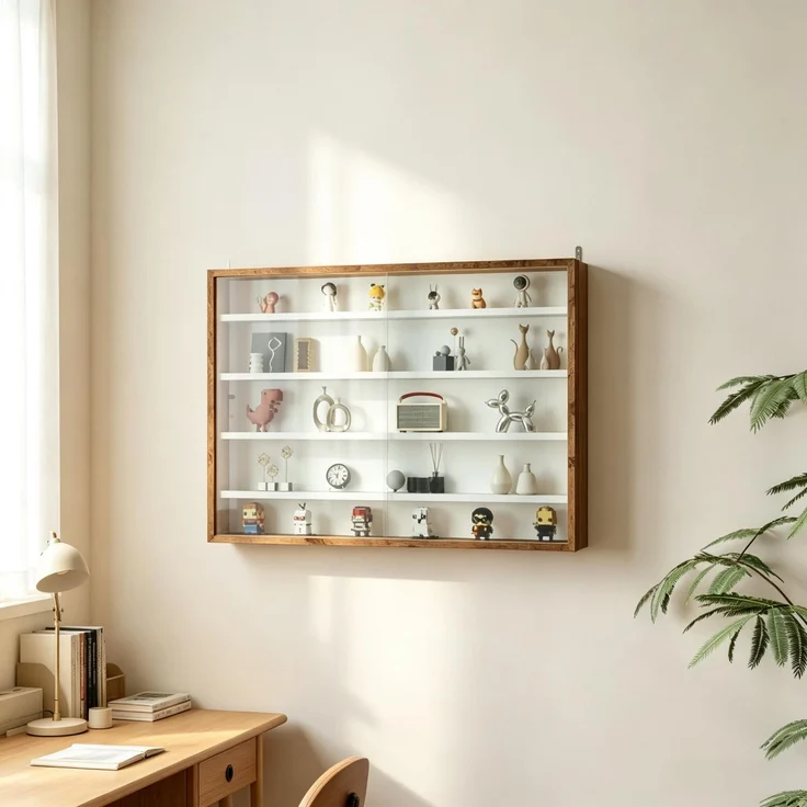 Dekorative Wandvitrine für Sammlerstücke, 5 höhenverstellbare Einlegeböden & 2 Schiebetüren(nur mit Wandbildschirm)--Braun + Weiß--80x9.5x60cm--YOUDENOVA – Bild 4