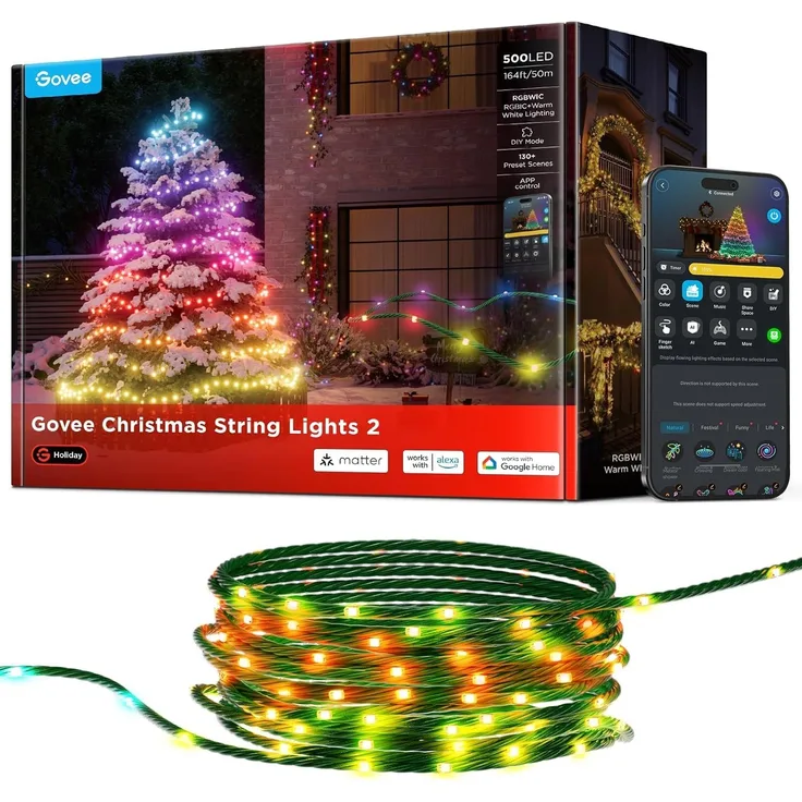 Govee RGBICW Weihnachtsbeleuchtung 500 LEDs Christmas Lights, 50M Smarte Lichterkette Innen für Weihnachtsbaum, APP-Steuerung,130+ Szenen-Modi, IP65, Kompatibel mit Alexa, Grünes Kabel