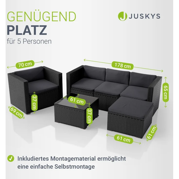 Juskys Polyrattan Lounge Punta Cana L schwarz inkl. Abdeckung – Gartenlounge Set für 4-5 Personen – Sitzgruppe mit Sessel, Sofa, Tisch & Hocker - Sitzbezüge Creme – Bild 4